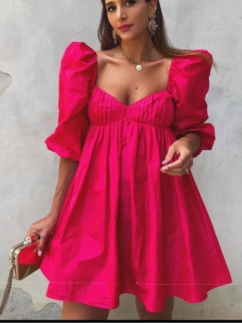 Zara Hot Pink Puff-Sleeve Sweetheart Mini Dress - Large